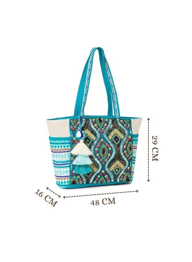 Anekaant BohoTeal & Multicolour Embroidered Tote with Tassel | Women’s Stylish Shoulder Handbag | Canvas Bag for Shopping & Travel - Image 4
